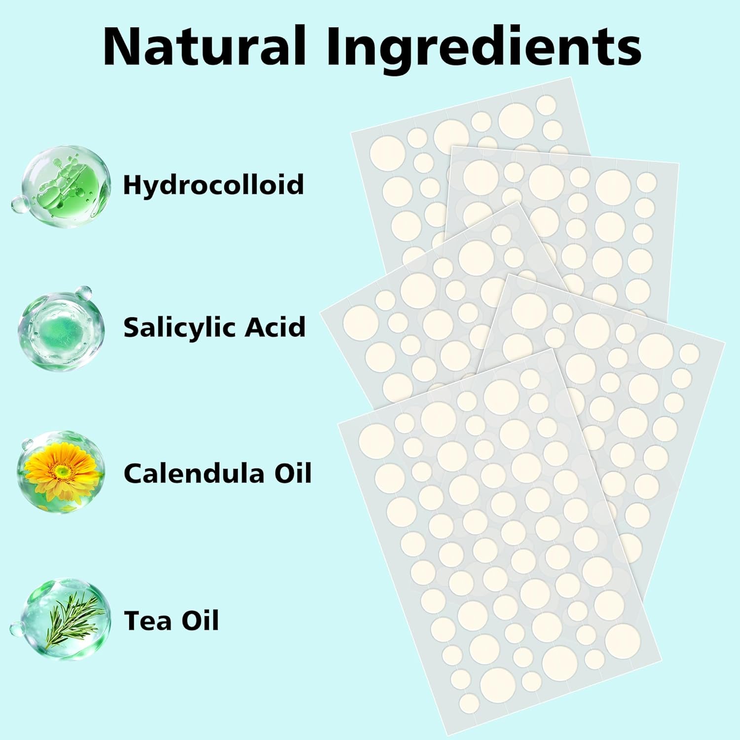 Hydrocolloid Acne Treatment Patches - 600 Count Assortment in Four Sizes, Enriched with Salicylic Acid, Tea Tree Oil, and Calendula Oil for Targeted Spot Treatment of Acne and Blemishes