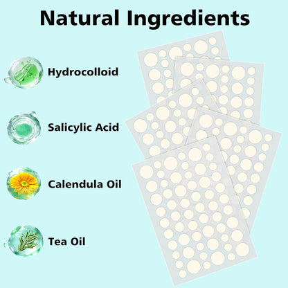 Hydrocolloid Acne Treatment Patches - 600 Count Assortment in Four Sizes, Enriched with Salicylic Acid, Tea Tree Oil, and Calendula Oil for Targeted Spot Treatment of Acne and Blemishes
