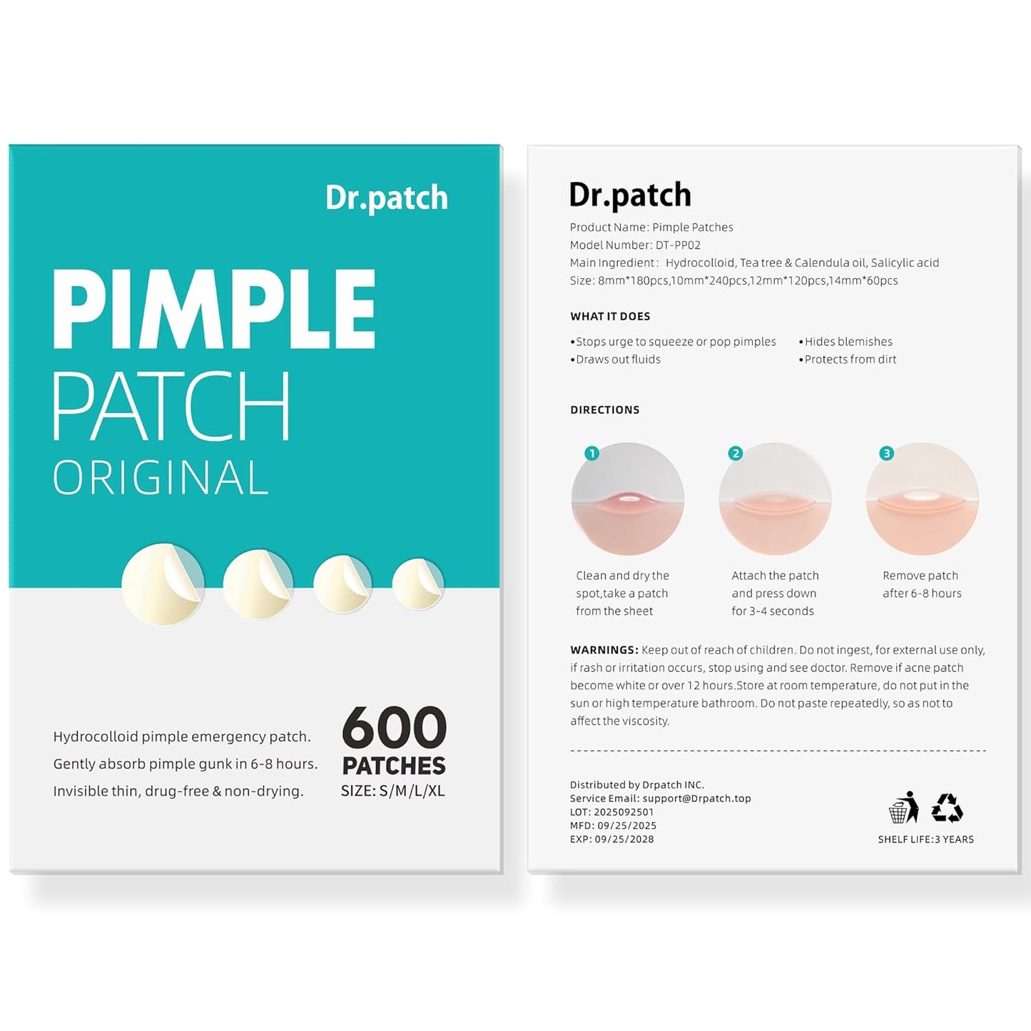 Hydrocolloid Acne Treatment Patches - 600 Count Assortment in Four Sizes, Enriched with Salicylic Acid, Tea Tree Oil, and Calendula Oil for Targeted Spot Treatment of Acne and Blemishes