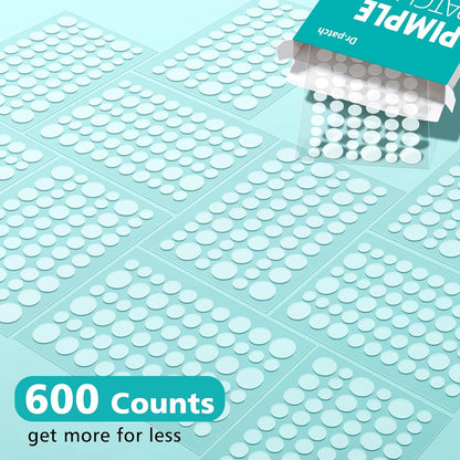 Hydrocolloid Acne Treatment Patches - 600 Count Assortment in Four Sizes, Enriched with Salicylic Acid, Tea Tree Oil, and Calendula Oil for Targeted Spot Treatment of Acne and Blemishes