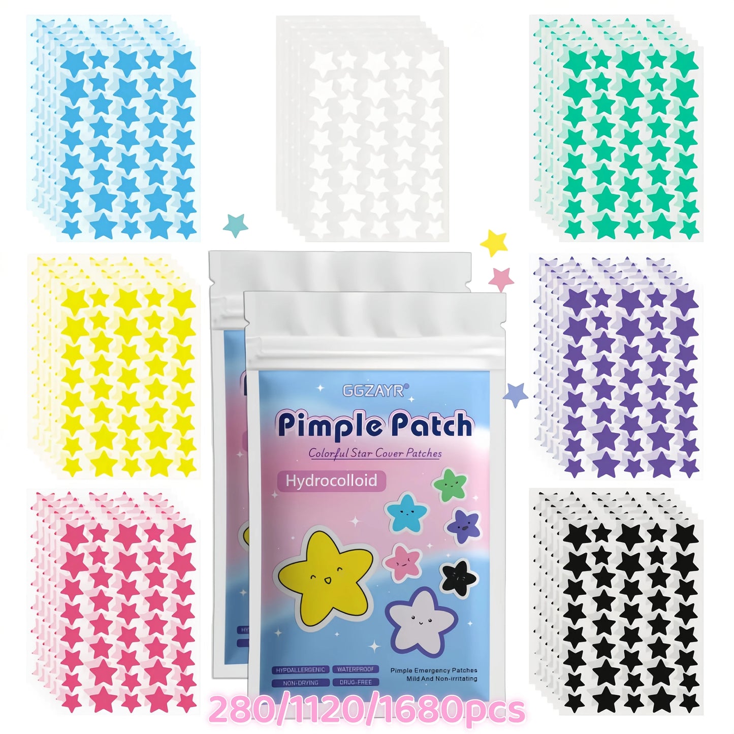 Seven-Color Star Hydrocolloid Pimple Patches – 280/1120/1680 Pieces for Discreet and Gentle Skincare